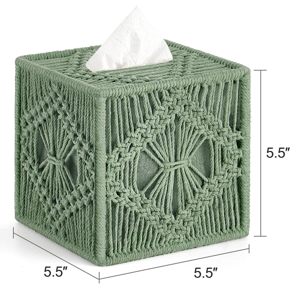 Mkono Tissue Box Cover Square, Boho Macrame Decor Open-Bottom Holder, Green