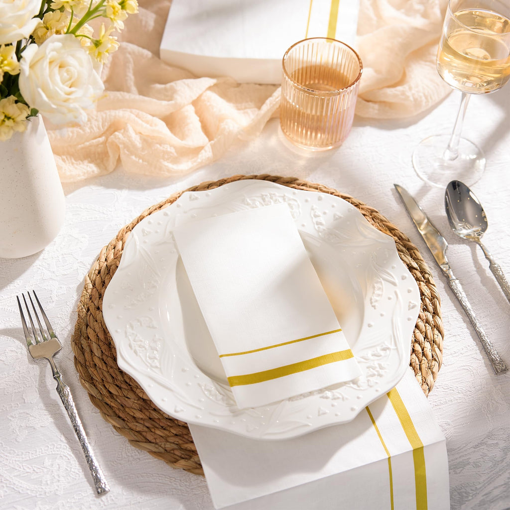 BESTVIP 200 Pack Disposable Paper Napkins, White & Gold Trim Dinner Napkins
