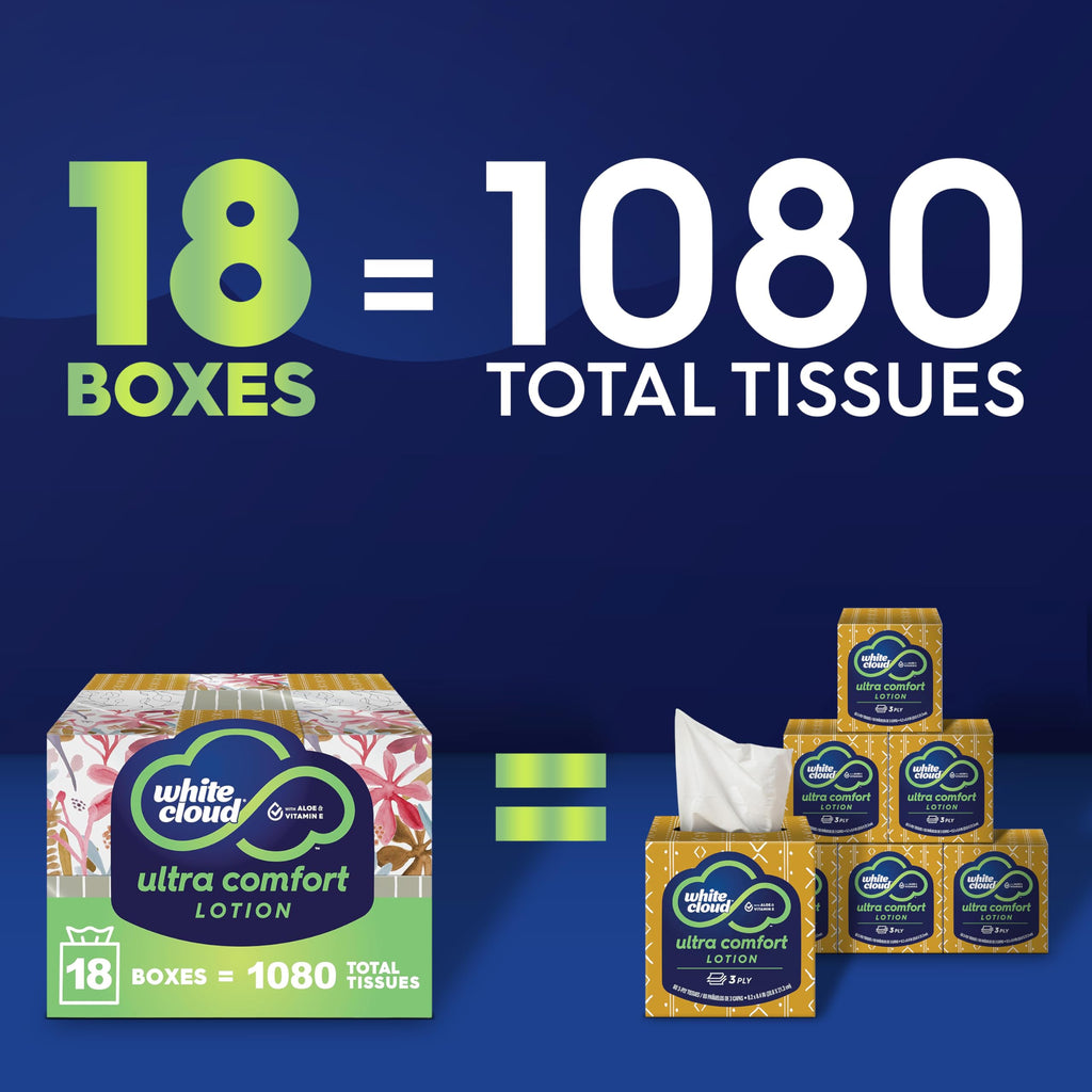 White Cloud Ultra Comfort Lotion 3-Ply Facial Tissue, 18 Box Pack