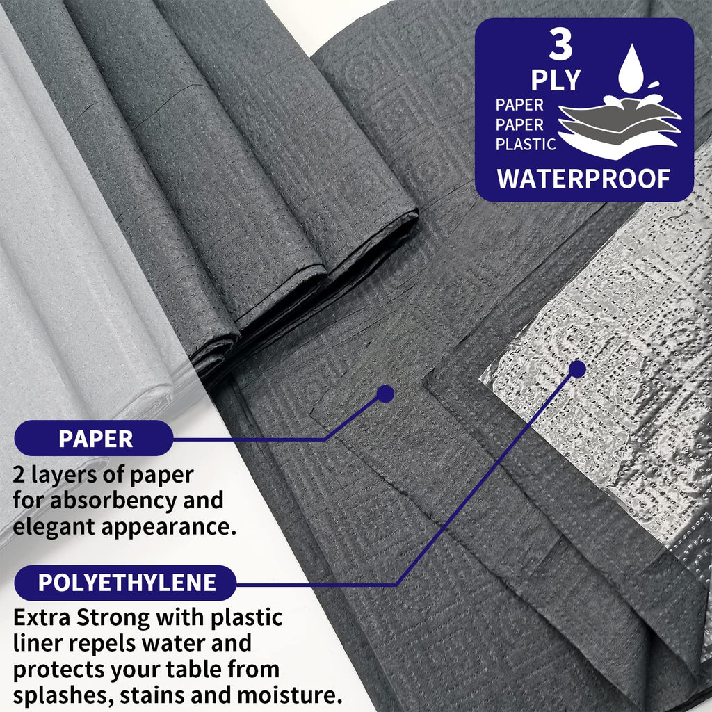Dozobeede [6 Pack] Black Paper Tablecloth Disposable for Rectangle Tables, 54 X 108 Inch Party Table Cover with Plastic Backing, Waterproof 3 Ply Table Cloth for Halloween Labor Day Banquet