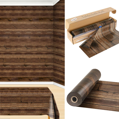 100FT x 54IN Wood Grain Plastic Tablecloth Roll with Slide Cutter Box