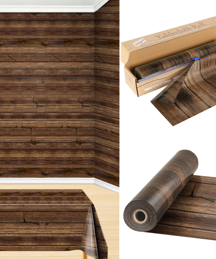 100FT x 54IN Wood Grain Plastic Tablecloth Roll with Slide Cutter Box