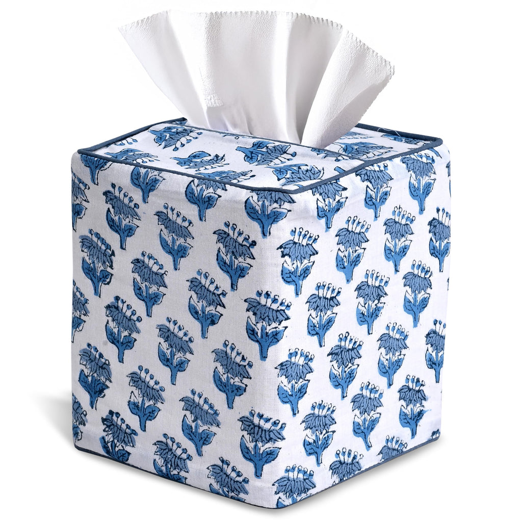CPC 100% Cotton Piping Block Print Tissue Box Cover, Apatite Blue