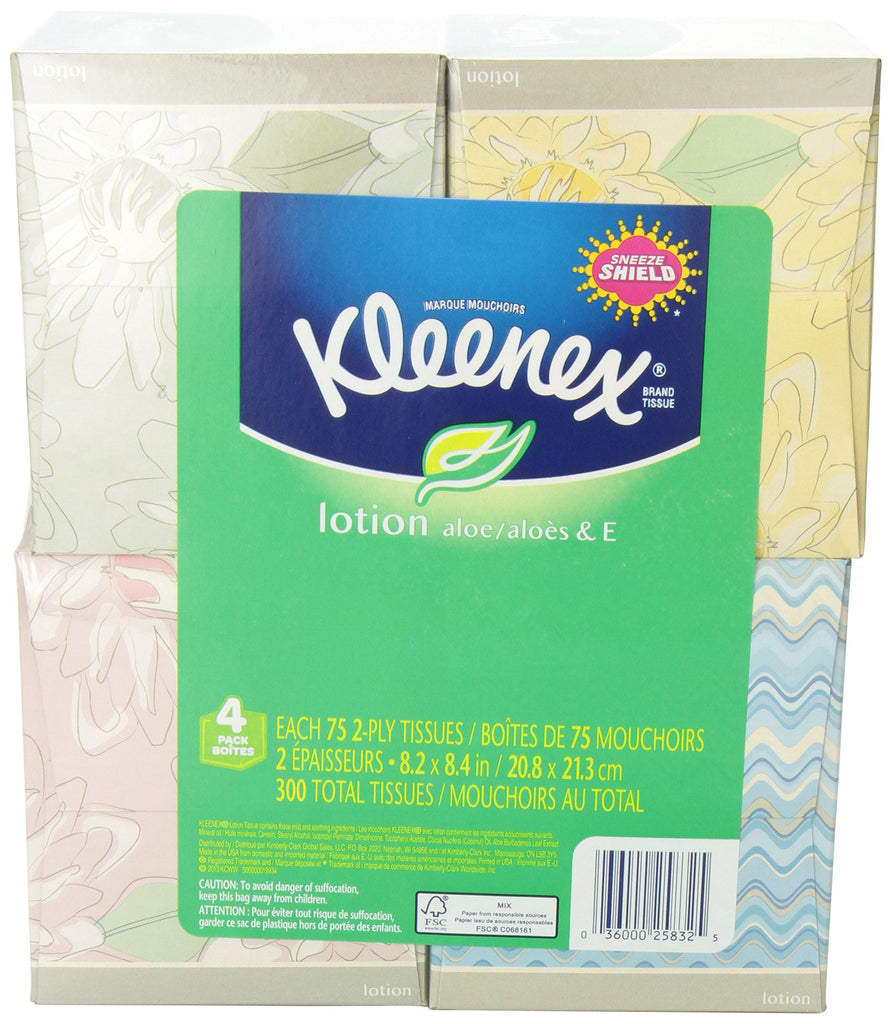 Kleenex Lotion Facial Tissue ( Designs & colors will vary ) 75 Count (Pack of 4)