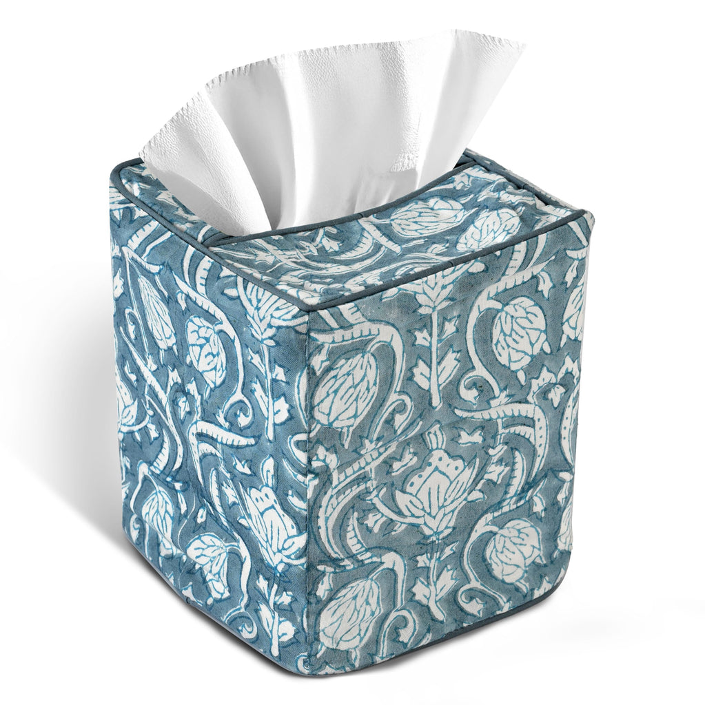 CPC 100% Cotton Piping Block Print Tissue Box Cover, Azure Regal