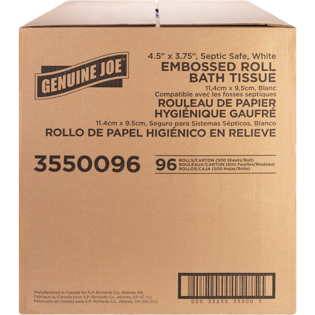 Genuine Joe Standard Bath Tissue, 2-Ply, 3.75" x 4.5", 500 Sheets, Pack of 96