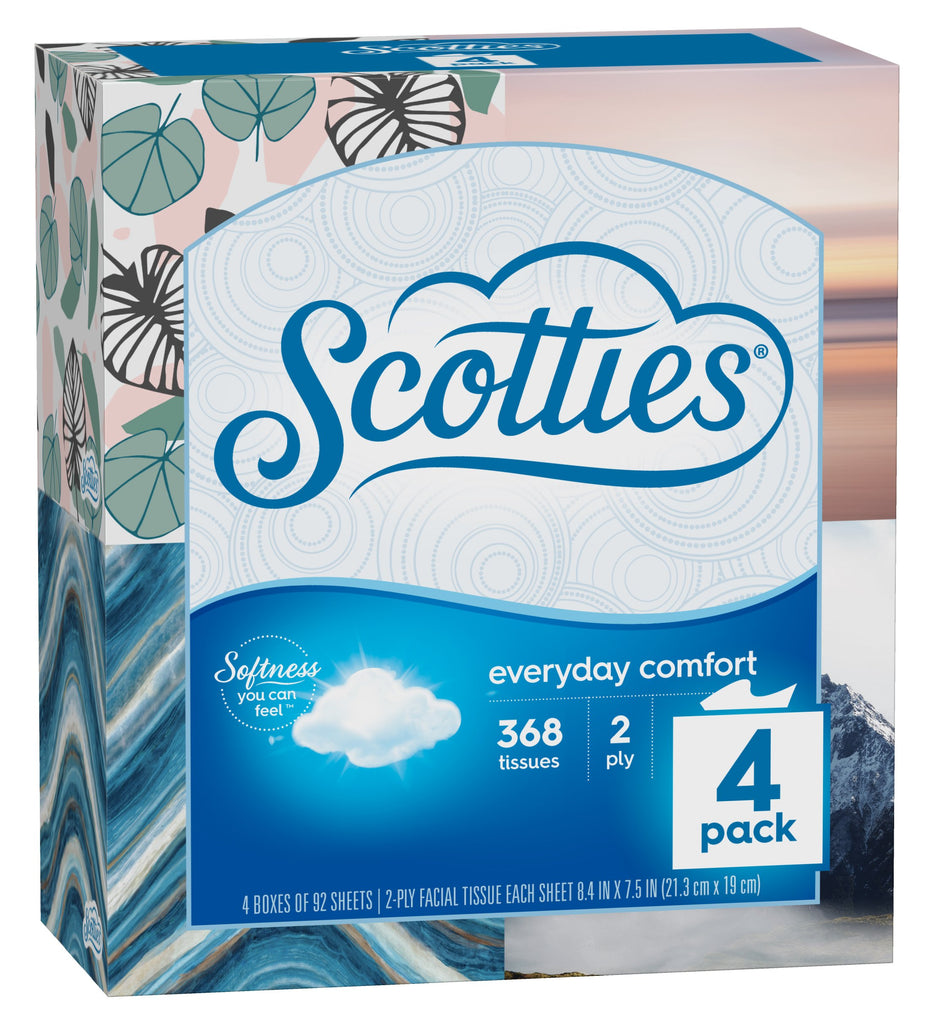 Scotties Everyday Comfort Facial Tissues, 2-Ply, 92 Tissues Per Box, (Pack of 4)