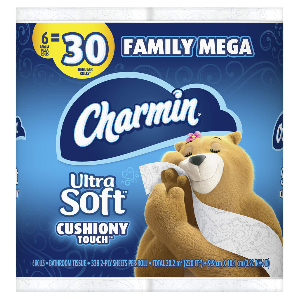 Charmin Ultra Soft Cushiony Touch Toilet Paper, 6 Family Mega Rolls = 30 Regular Rolls (Prime Pantry)