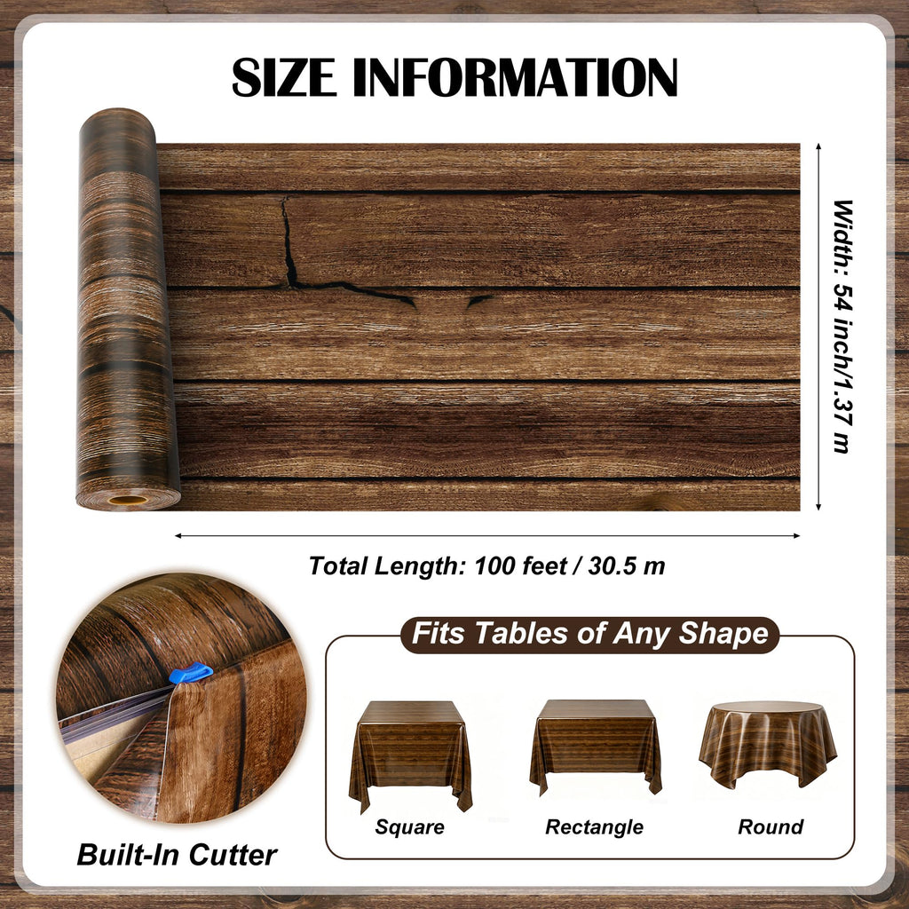 100FT x 54IN Wood Grain Plastic Tablecloth Roll with Slide Cutter Box