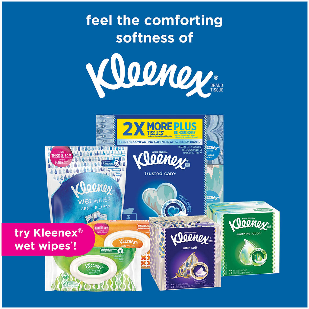KLEENEX Ultra Soft Facial Tissue, 3-Ply, White, 8.2 inch x 8.4 inch, 75/Box, 4 Box/Pack - Packaging May Vary (Assorted color and style boxes),Pack of 4,