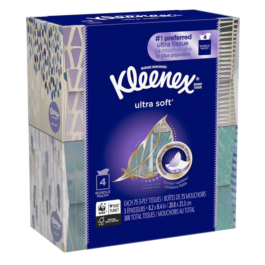 KLEENEX Ultra Soft Facial Tissue, 3-Ply, White, 8.2 inch x 8.4 inch, 75/Box, 4 Box/Pack - Packaging May Vary (Assorted color and style boxes),Pack of 4,