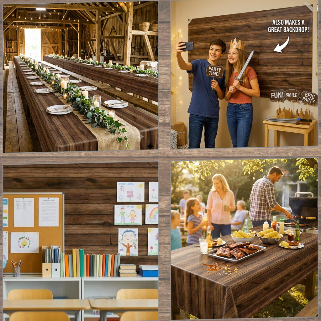 100FT x 54IN Wood Grain Plastic Tablecloth Roll with Slide Cutter Box