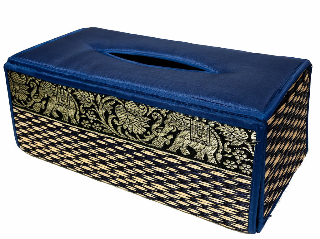 CCcollections Handmade Stylish Reed Tissue Box, 100% Cotton Handcrafted with Satin Trim Sheath Cover Holder Dispense Made from Natural Eco-Friendly Materials - (Blue)