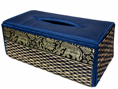 CCcollections Handmade Stylish Reed Tissue Box, 100% Cotton Handcrafted with Satin Trim Sheath Cover Holder Dispense Made from Natural Eco-Friendly Materials - (Blue)