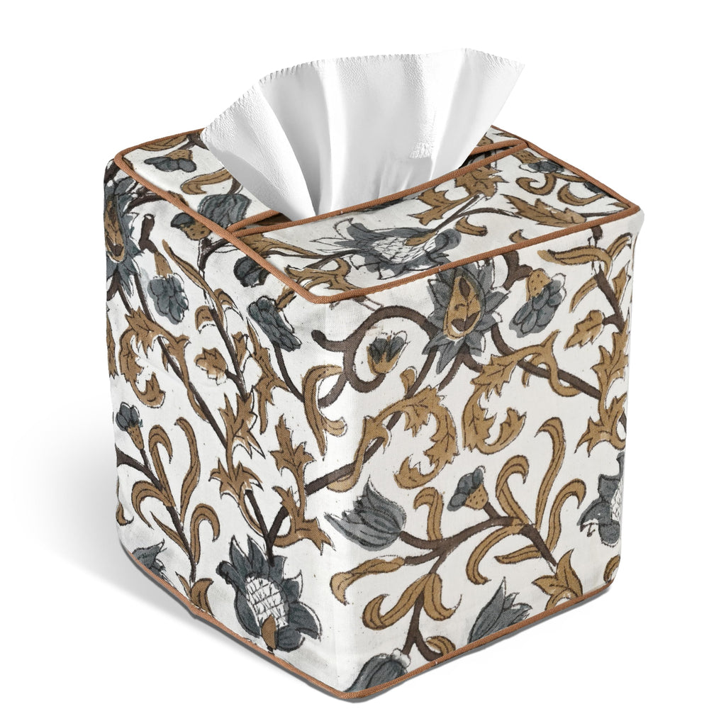 CPC 100% Cotton Piping Block Print Tissue Box Cover, Autumn Vine