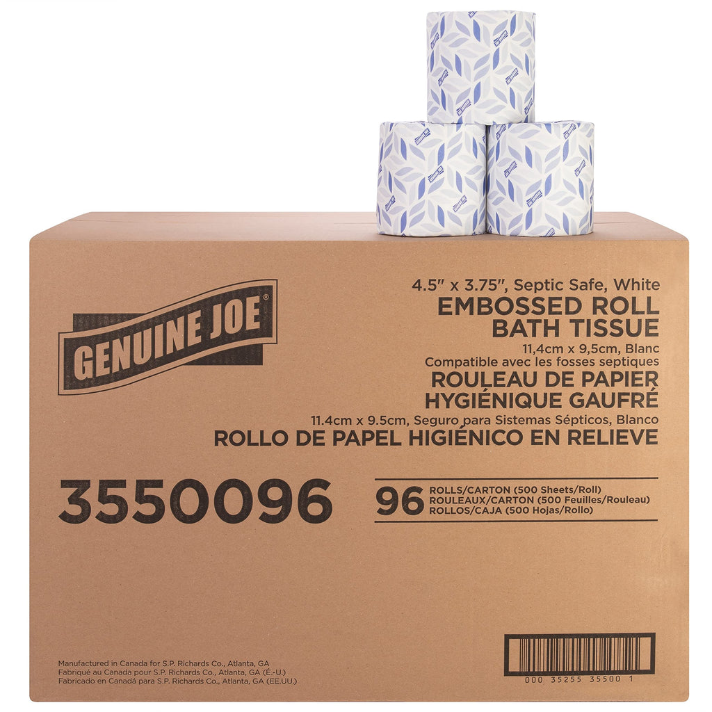 Genuine Joe Standard Bath Tissue, 2-Ply, 3.75" x 4.5", 500 Sheets, Pack of 96