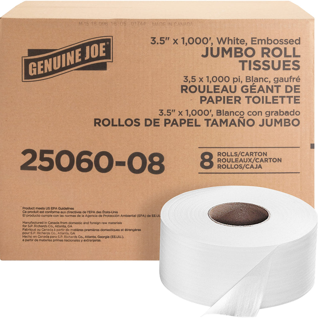 Genuine Joe Jumbo Roll Bath Tissue, 2-Ply, 3.5" x 1000', Pack of 8