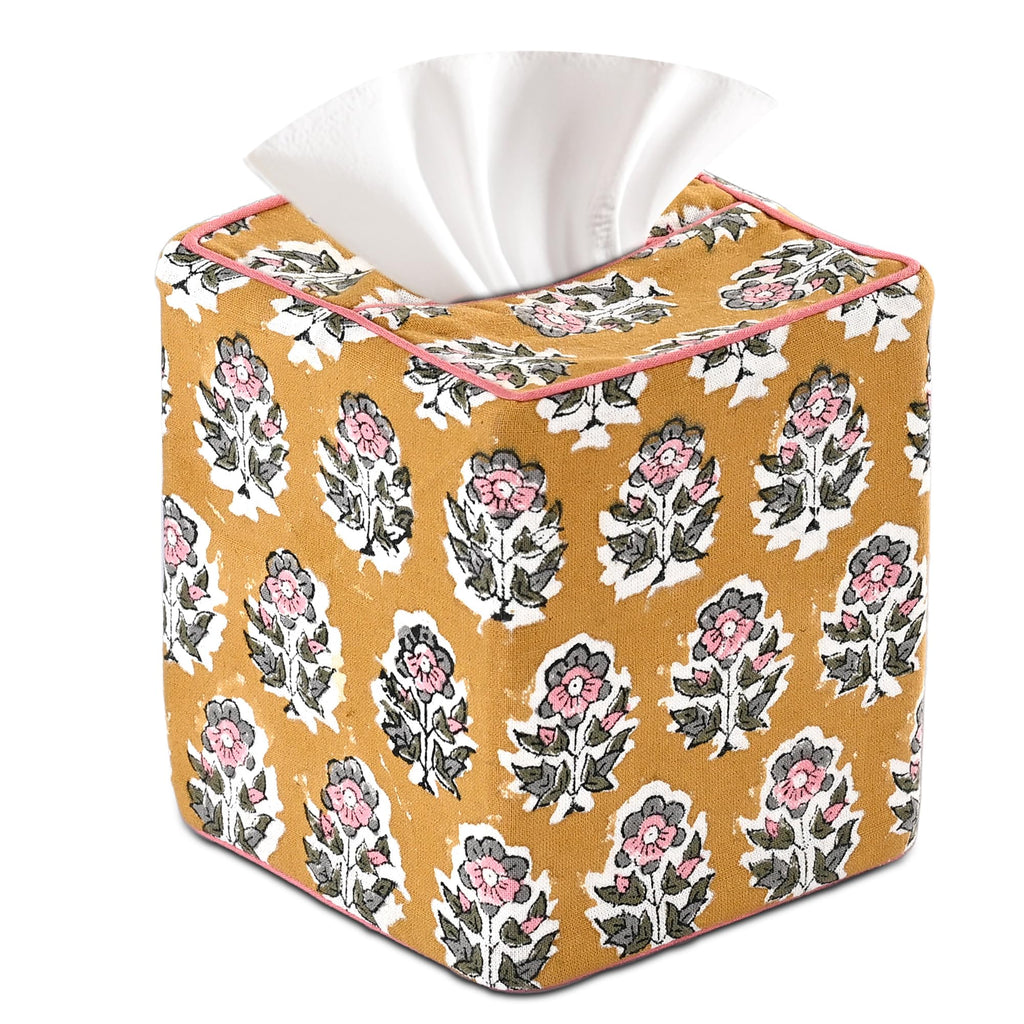 CPC 100% Cotton Piping Block Print Tissue Box Cover, Citrine Yellow